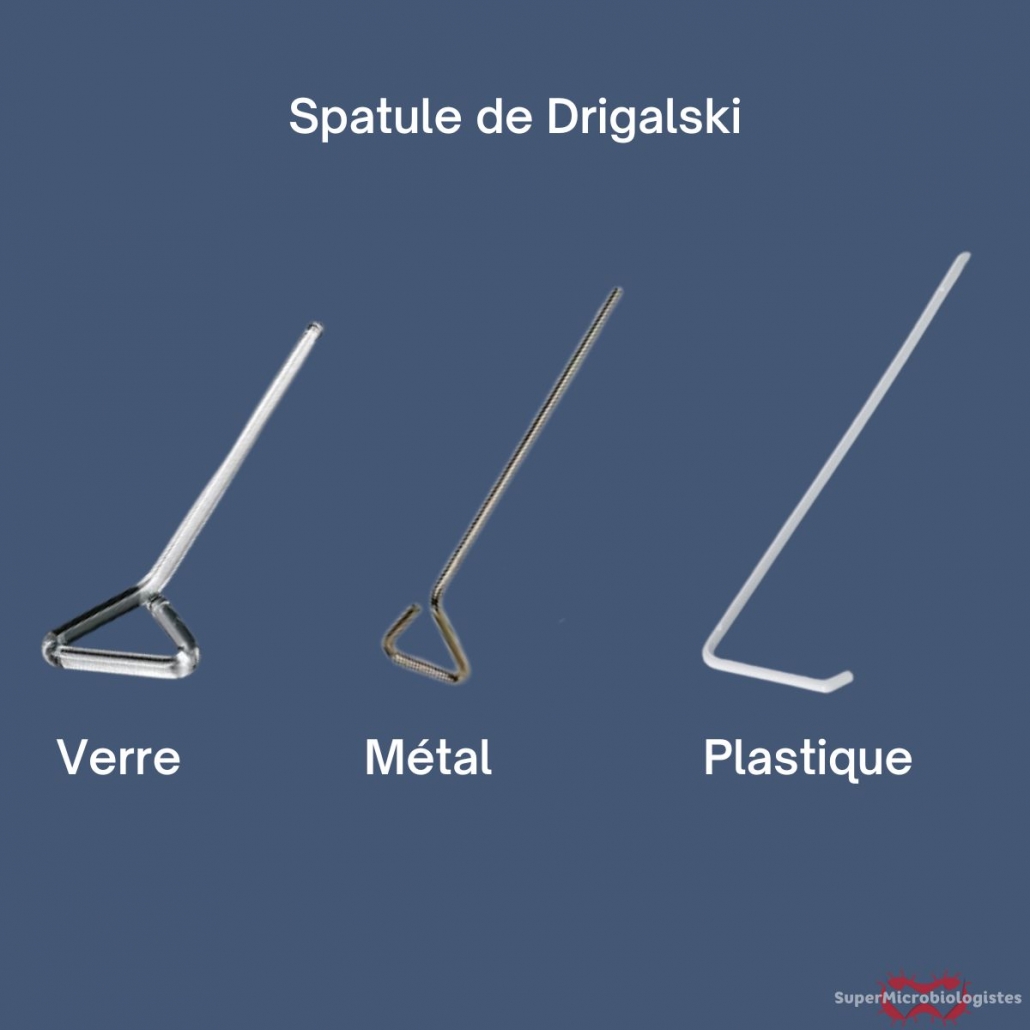 Différents formats de spatule de Drigalski, en verre, en metal et en plasitque